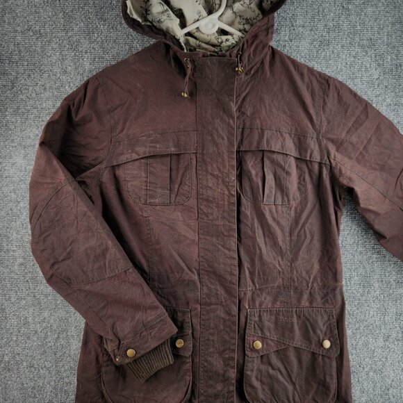 Barbour Size 6 USA Waxed Canvas Jacket Hooded Red Brown Lined Cargo Pockets - Picture 1 of 16